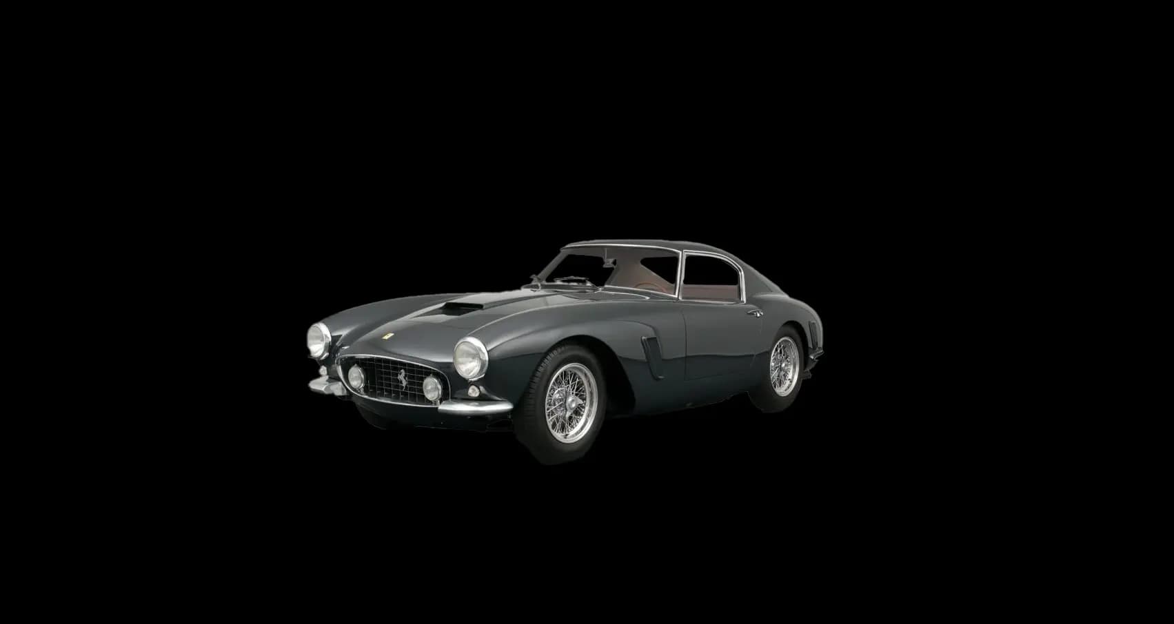 A classic black Ferrari 250 GT Berlinetta on display in a minimalistic setting with a neutral background.